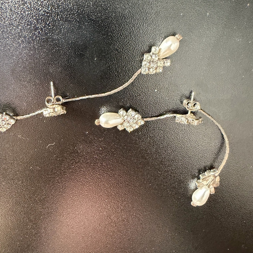 Pearl and Crystal Drop Ear Crawler Earrings - Silver Tone